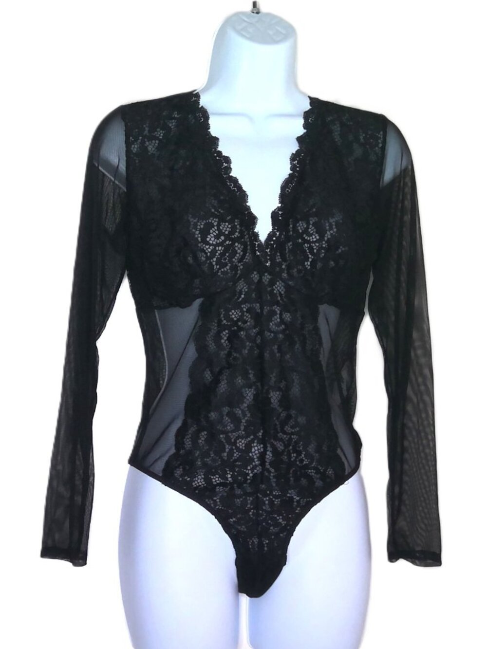 INC International Concepts Bodysuit Black Mesh & Lace Sheer Glam Goth Romance  M